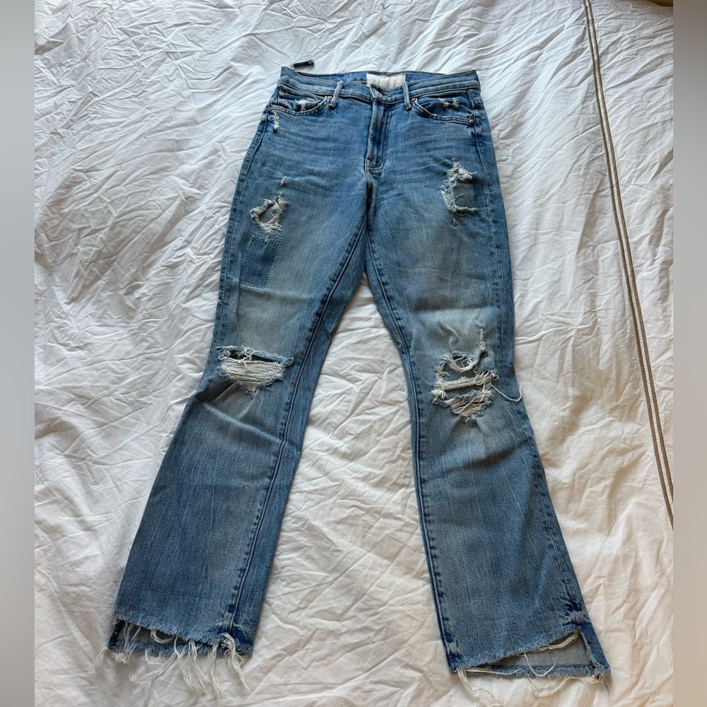 MOTHER Distressed Light Blue Flare Jeans